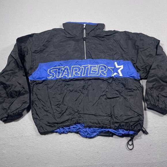 Vintage Starter Jacket Women Large‎ Windbreaker Black Blue Ripstop Hooded - Picture 2 of 12